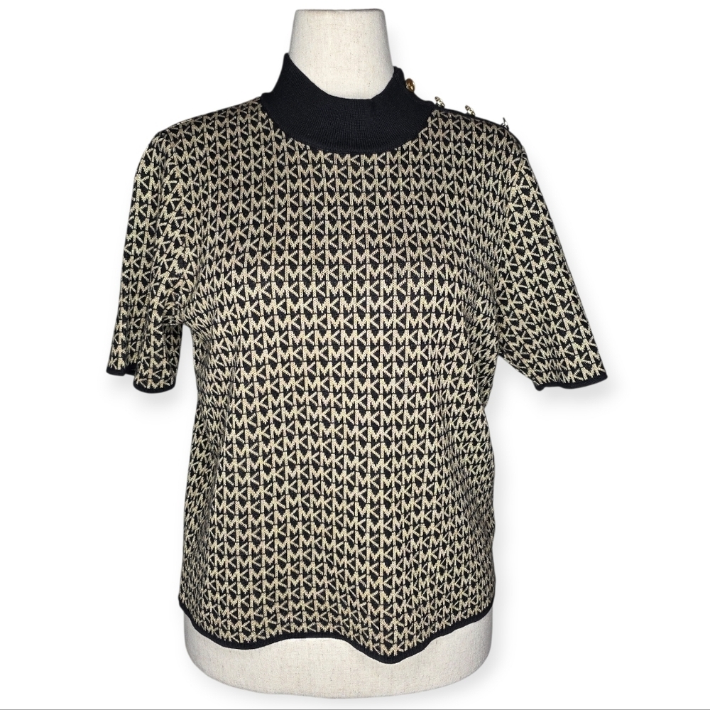 Michael Kors Xl Black Gold Logo Knit Mock Neck Short Sleeve Sweater Top